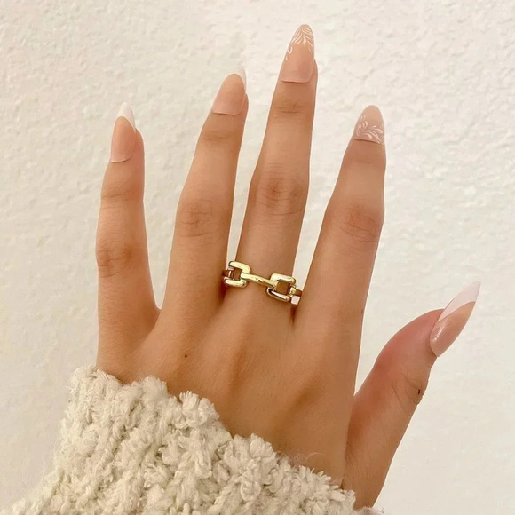 925 Sterling Silver Chunky Gold Link Ring Thick Curb Chain Ring Band - Picture 2 of 3